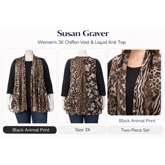 Susan Graver Tops - Susan Graver 3X Chiffon Vest Liquid Knit‎ Top Black Animal Print Set A216241